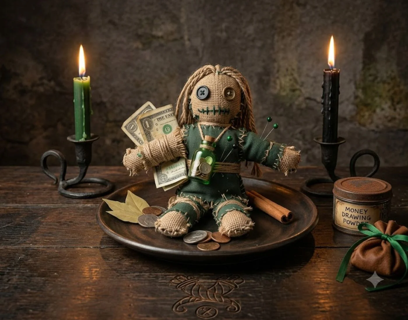 Geldzauber mit einer Stoffpuppe, Kerzen, Münzen, Geldscheinen und spirituellen Ritualgegenständen.