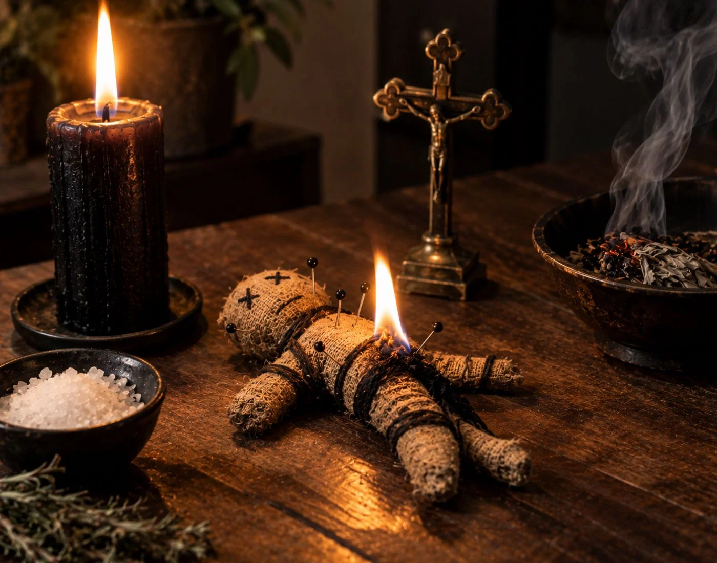 Schwarze Magie Entfernen, symbolische Darstellung mit einer Stoffpuppe, Nadeln, schwarzen Kerzen und rauchenden Kräutern.