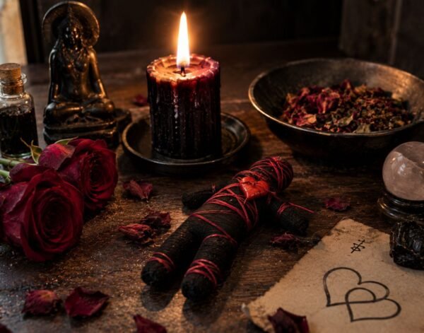 Schwarze Magie Liebeszauber mit roter Kerze, Rosen und spirituellen Ritualgegenständen von Saramiah Liebezauber.
